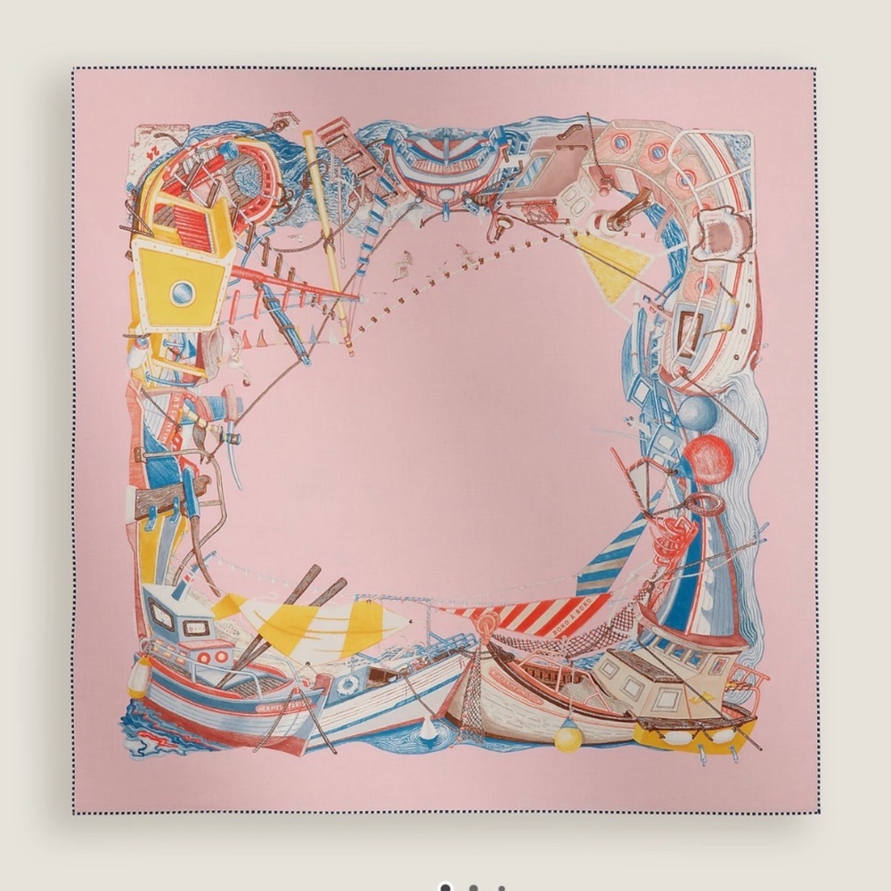 NWT! HERMES Bord a Bord cotton scarf 80 cm Rose Dragée / Bleu / Jaune